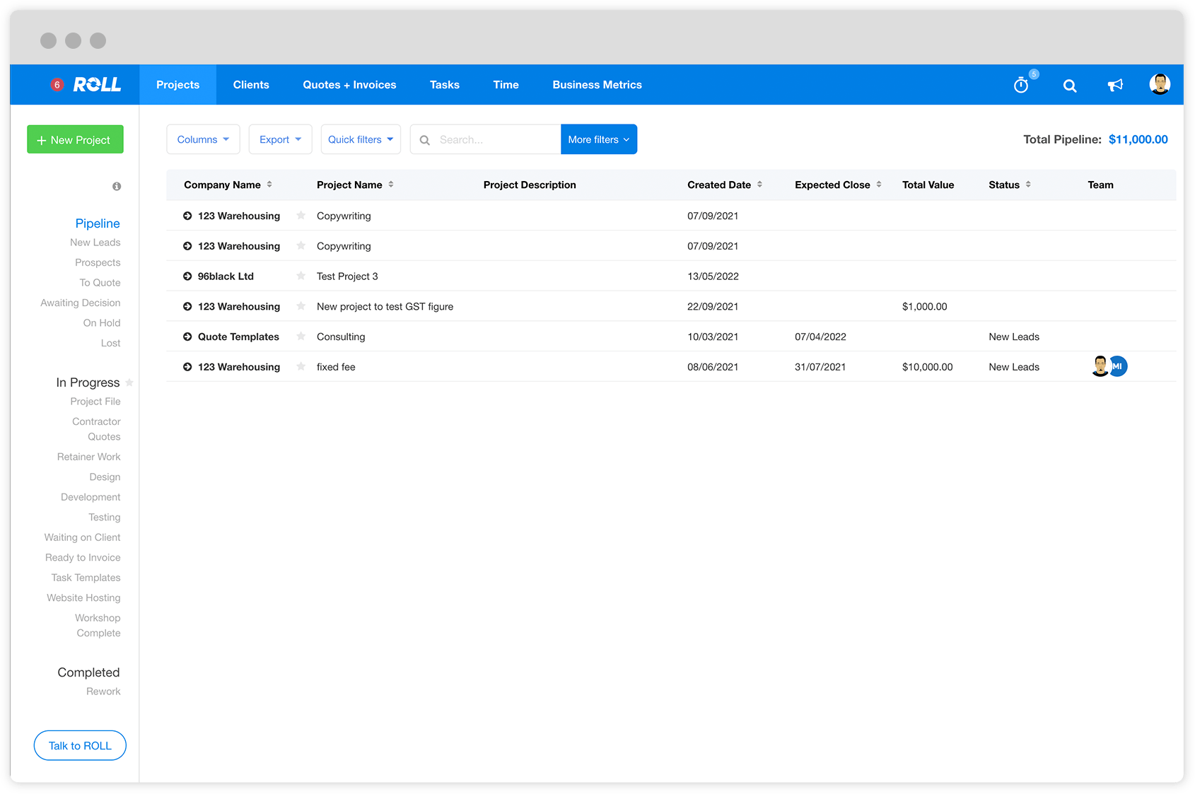 Screenshot of Pipeline project list