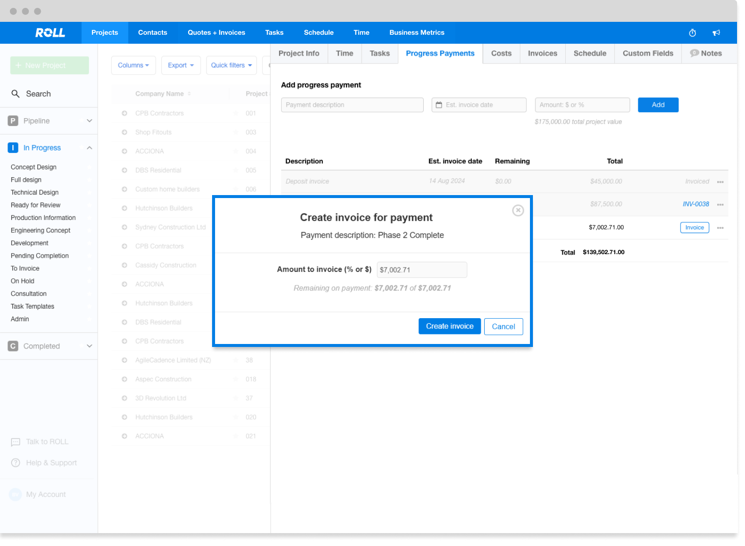 Progress Payments Screenshot
