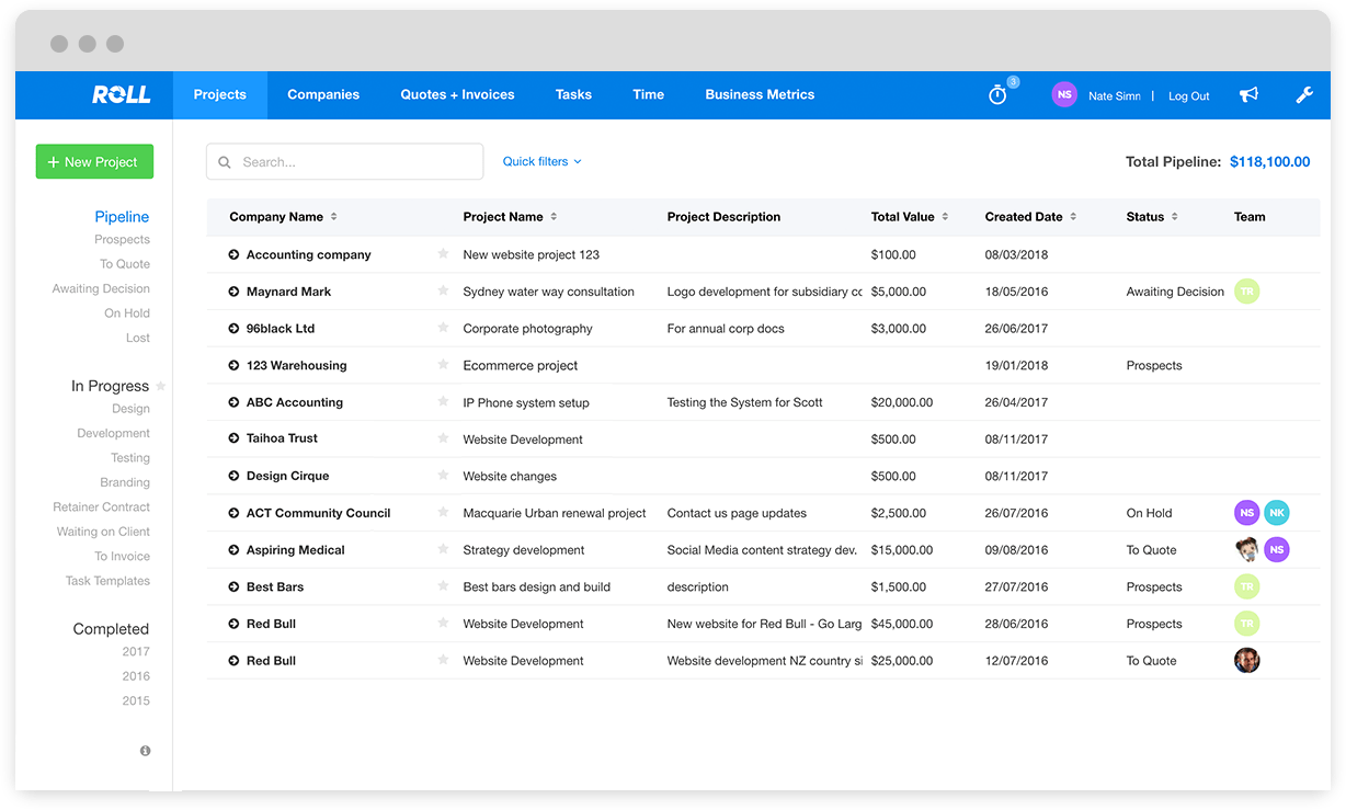 Screenshot of Pipeline project list